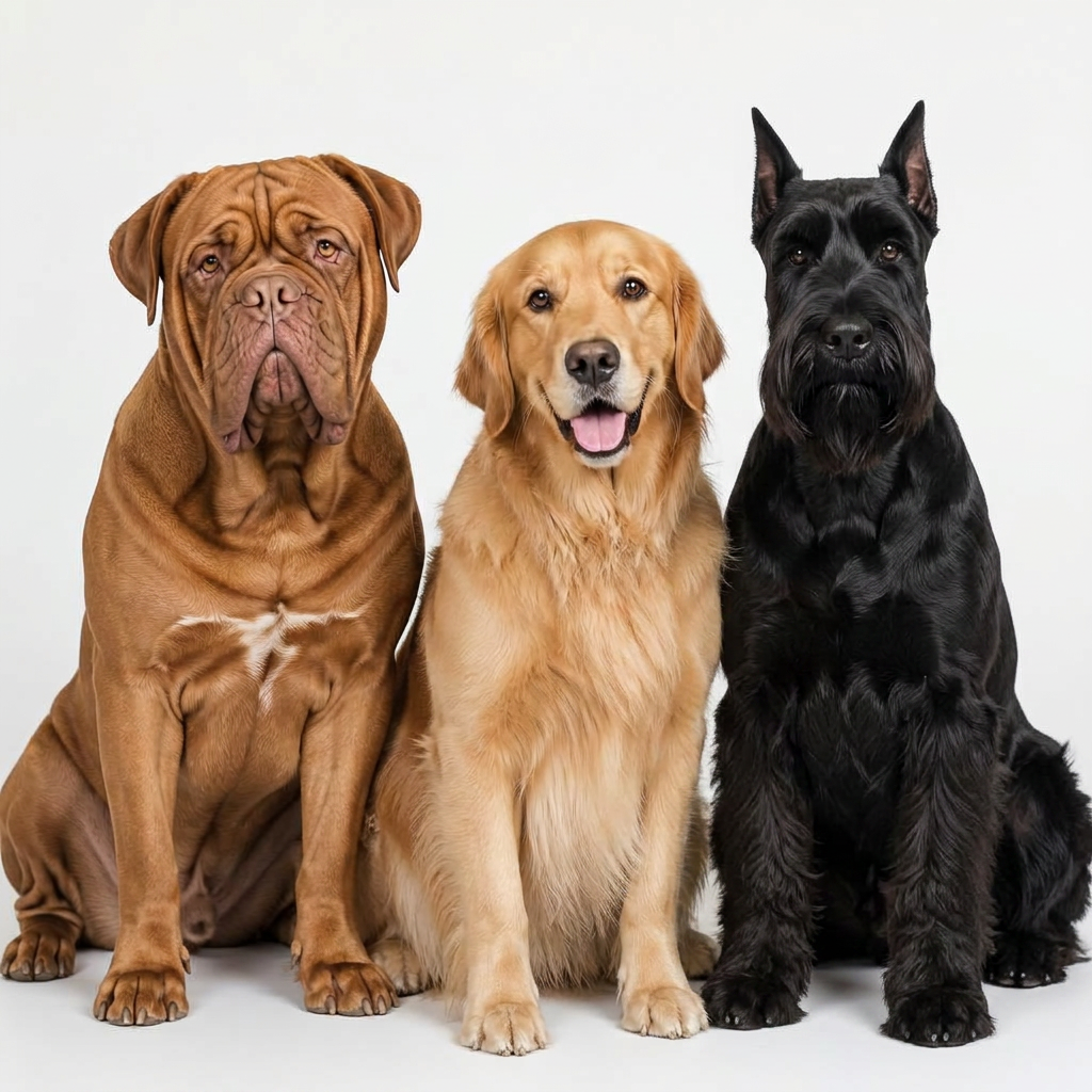 A Dogue de Bordeaux, a Golden Retriever and a Giant Schnauzer sitting together