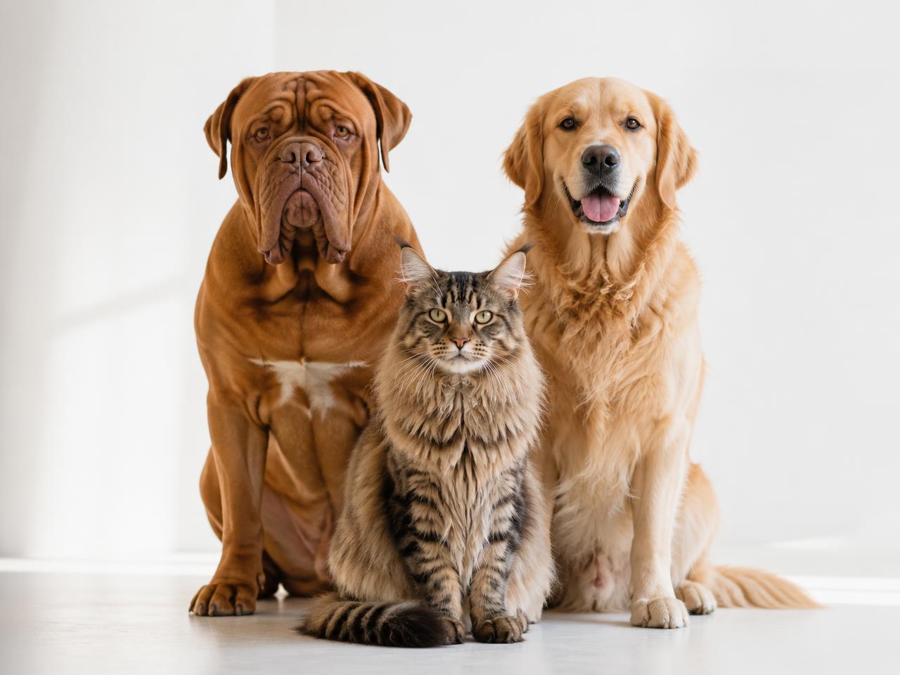 A Dogue de Bordeaux, a Golden Retriever and a Maine Coon cat sitting together in a bright studio.